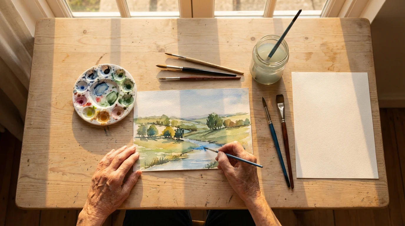 High angle view of a senior's hands watercolor painting on a wooden desk.