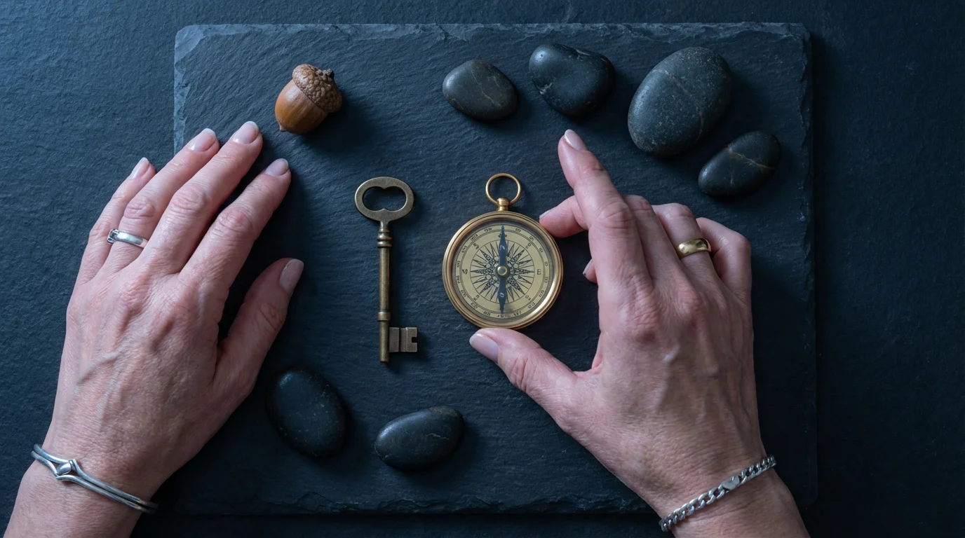 High angle view of hands arranging symbolic items like a key and compass.