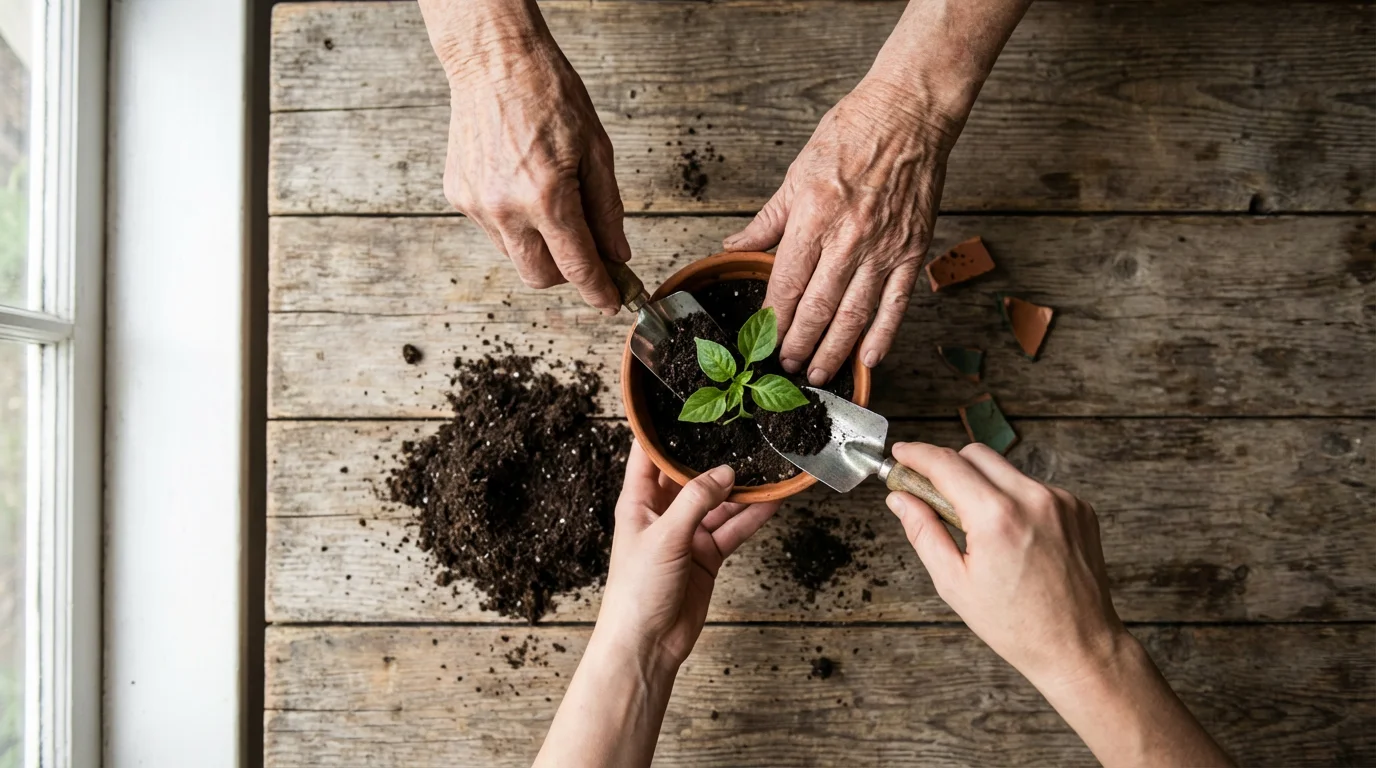 High angle view of senior and younger hands potting a plant seedling together.