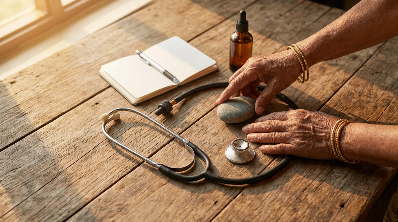 High-angle view of senior hands arranging symbolic pain management items on a wooden table.