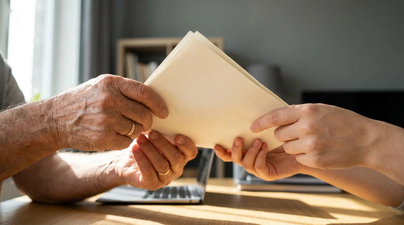 Low angle close-up of an older person's hands giving a folded document to younger hands.