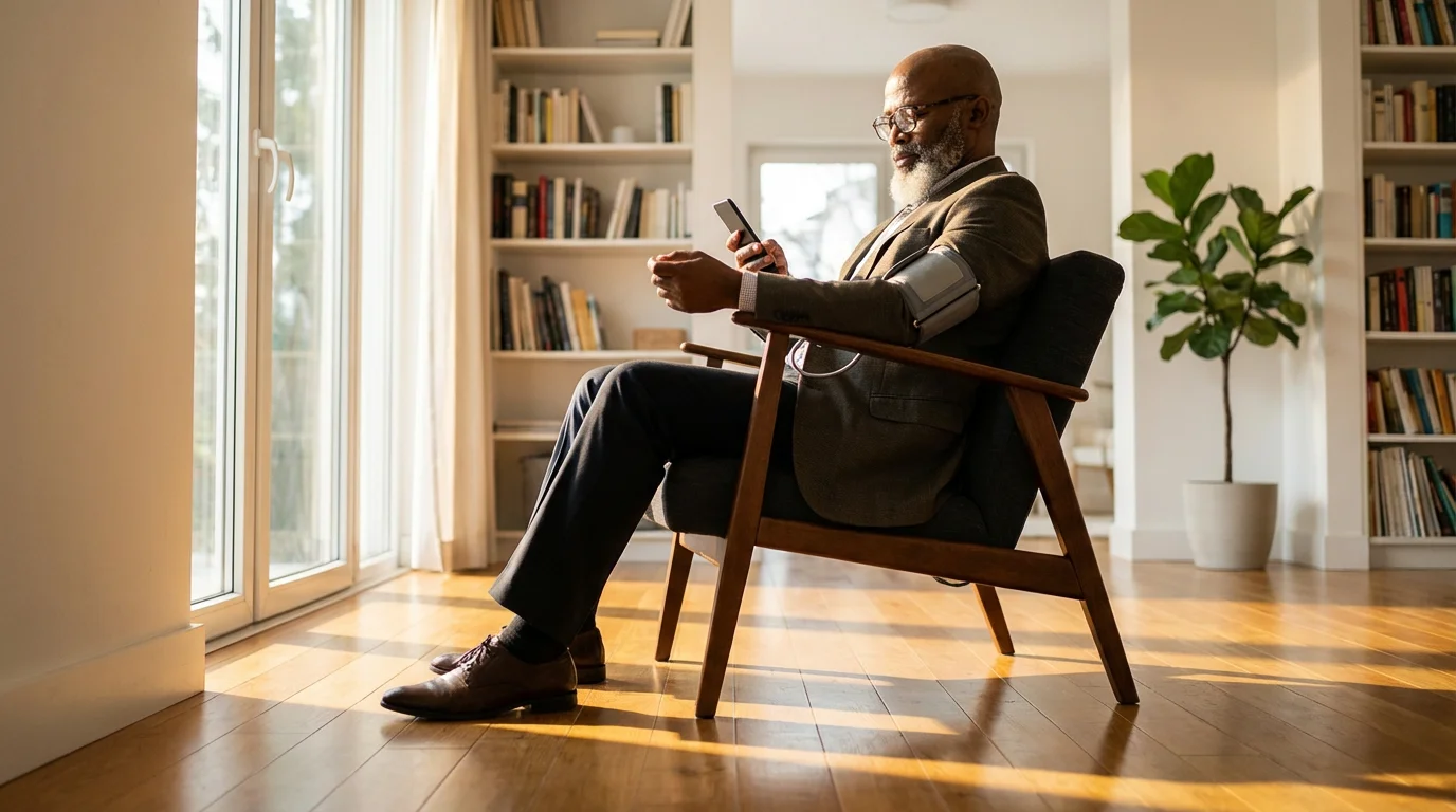 Low angle editorial photo of a senior man using a digital blood pressure monitor.