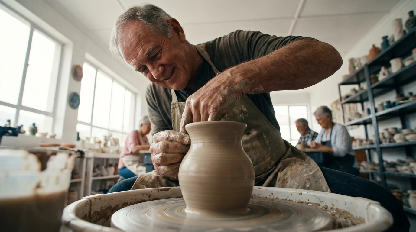 Low angle photo of a senior man smiling while making a clay pot on a pottery wheel.
