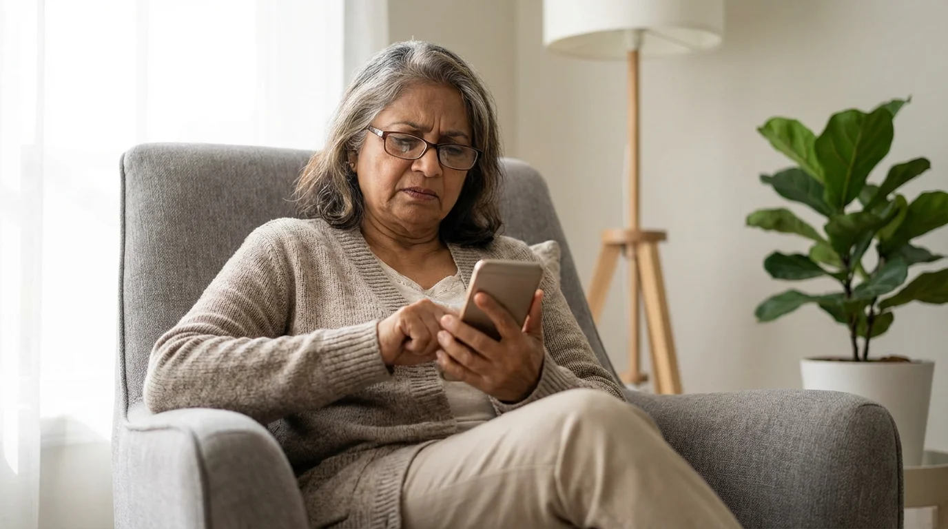 Low angle photo of a senior woman carefully reviewing information on her smartphone in a bright, modern home.