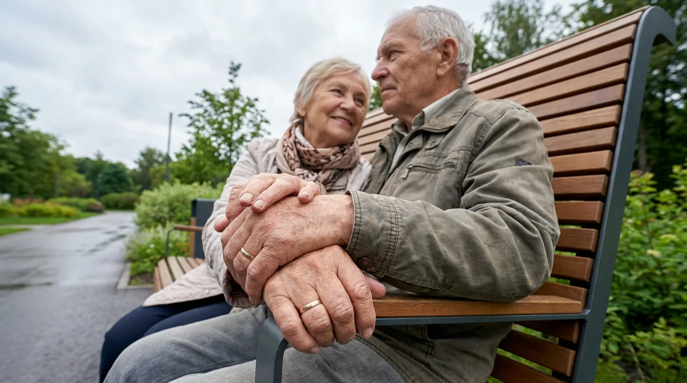 Low angle photo of an elderly couple holding hands supportively on a park bench.