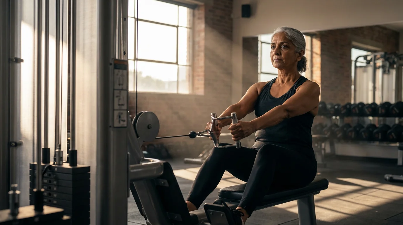 Low angle photograph of a determined senior woman using a rowing weight machine.