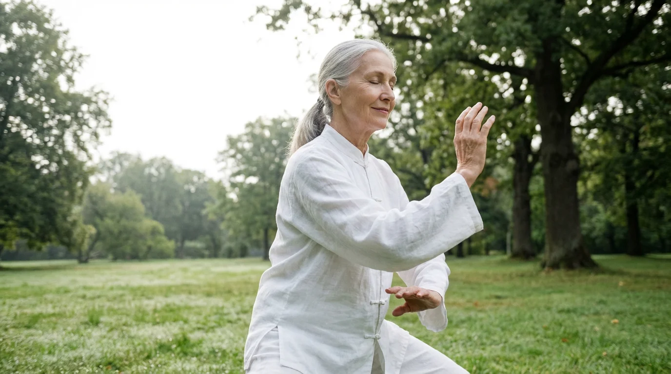Low angle shot of a graceful senior woman practicing Tai Chi in a peaceful park.