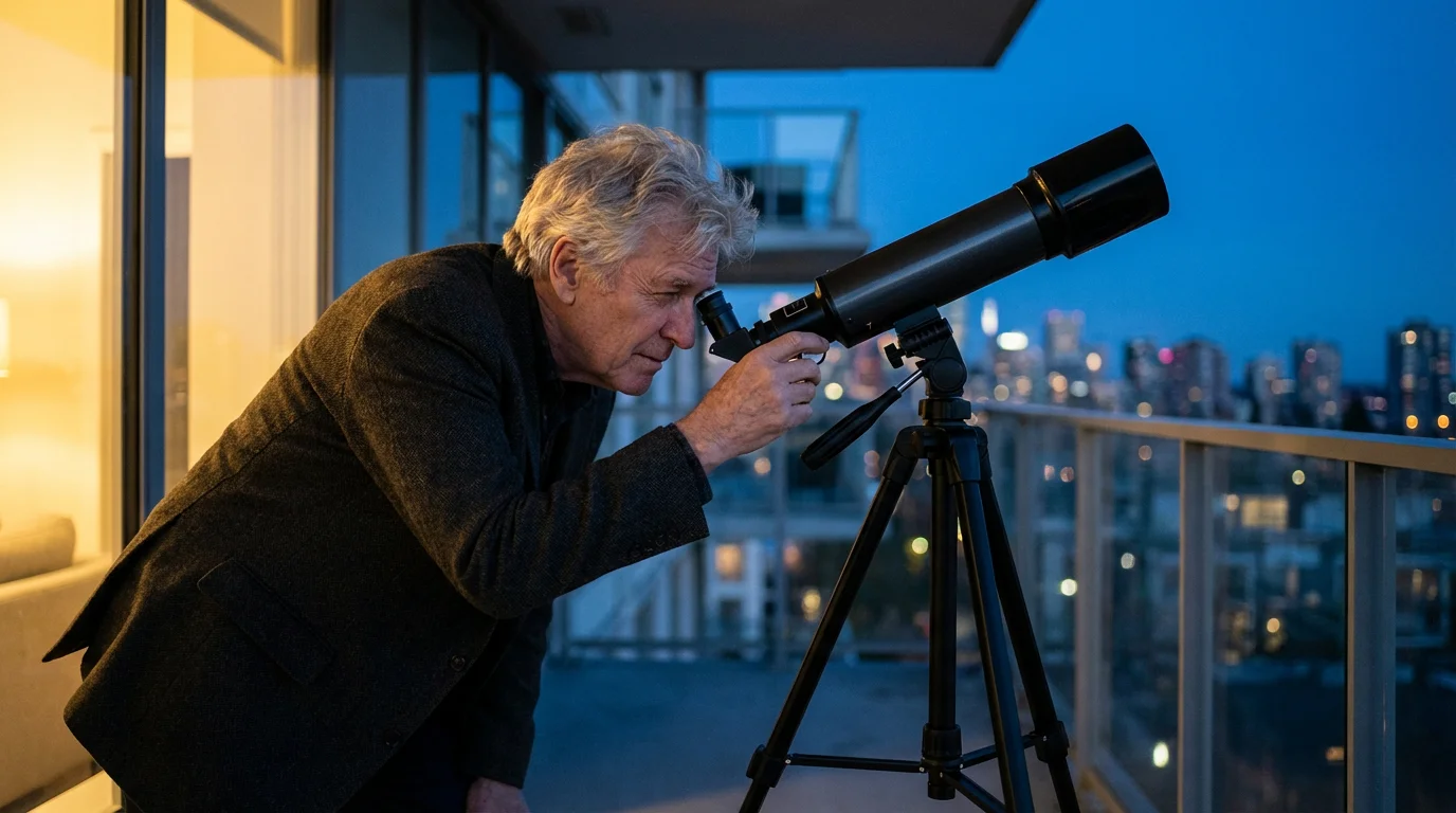 Low angle shot of a senior man looking through a telescope on a balcony.
