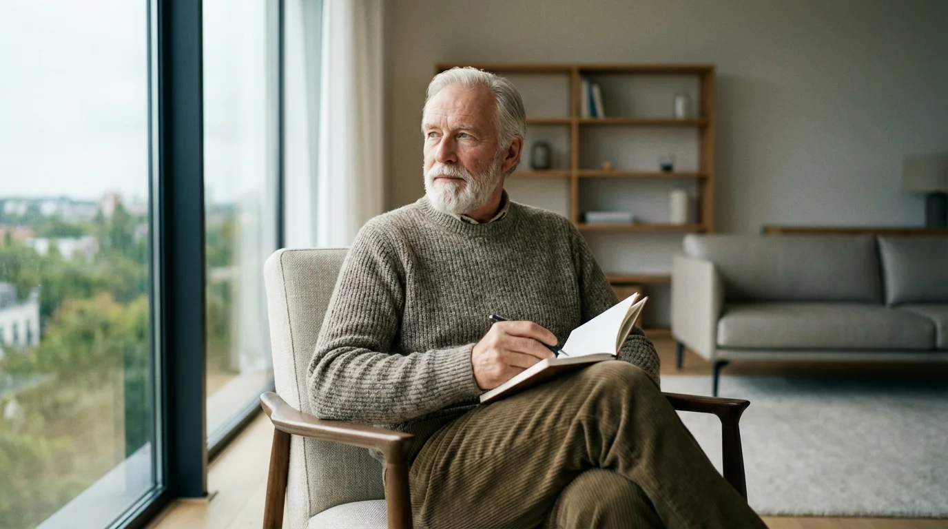 Low angle shot of a senior man sitting thoughtfully by a window with a notepad.