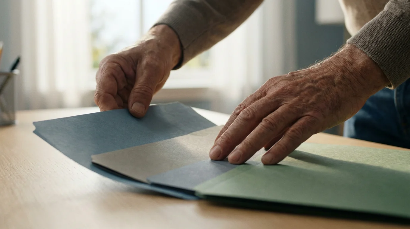 Low angle shot of a senior's hands selecting a file folder from a fan of options.