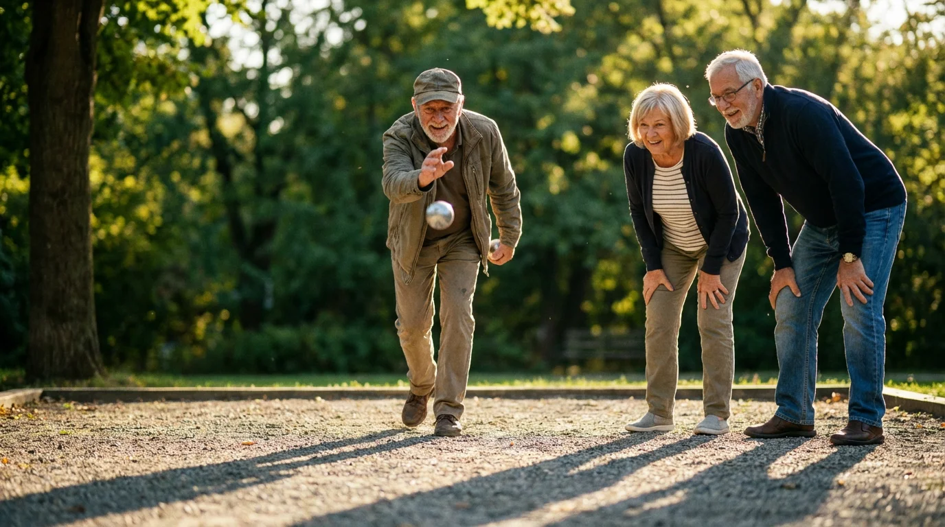Low angle shot of active seniors playing a game of bocce ball in a park.
