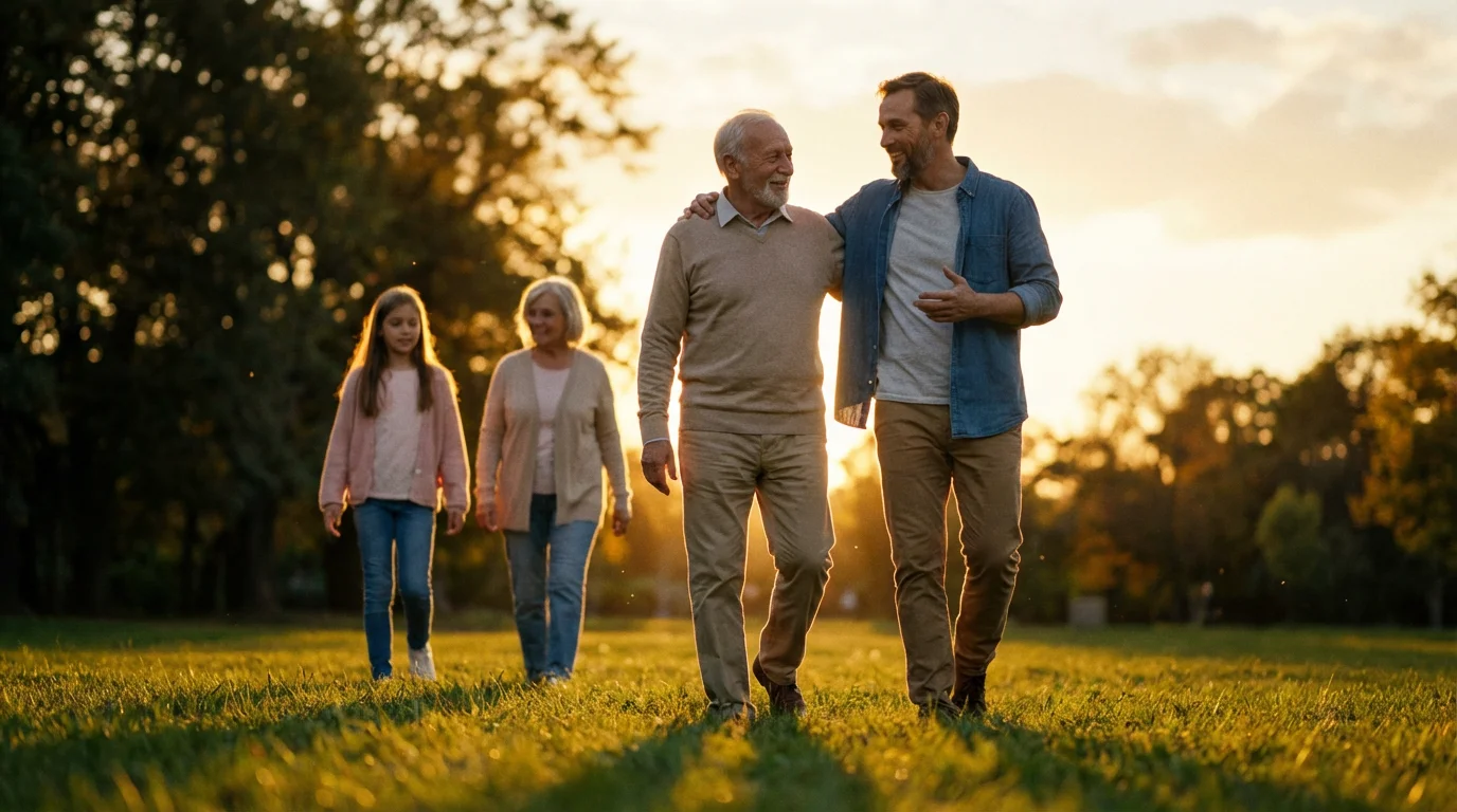 Low angle shot of an elderly father and adult son walking in a park.