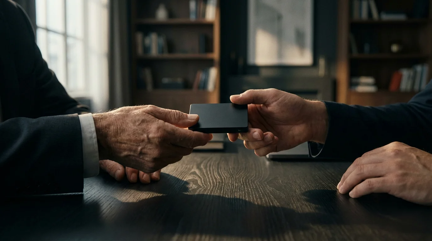 Low angle shot of an older person's hands passing a secure drive to younger hands.