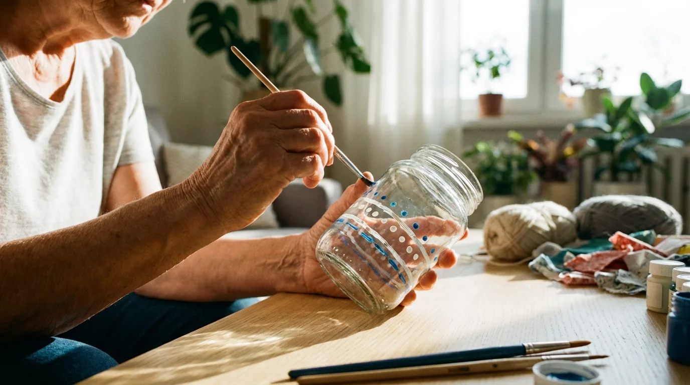 Low angle shot of an older woman's hands painting a glass jar as a creative hobby.