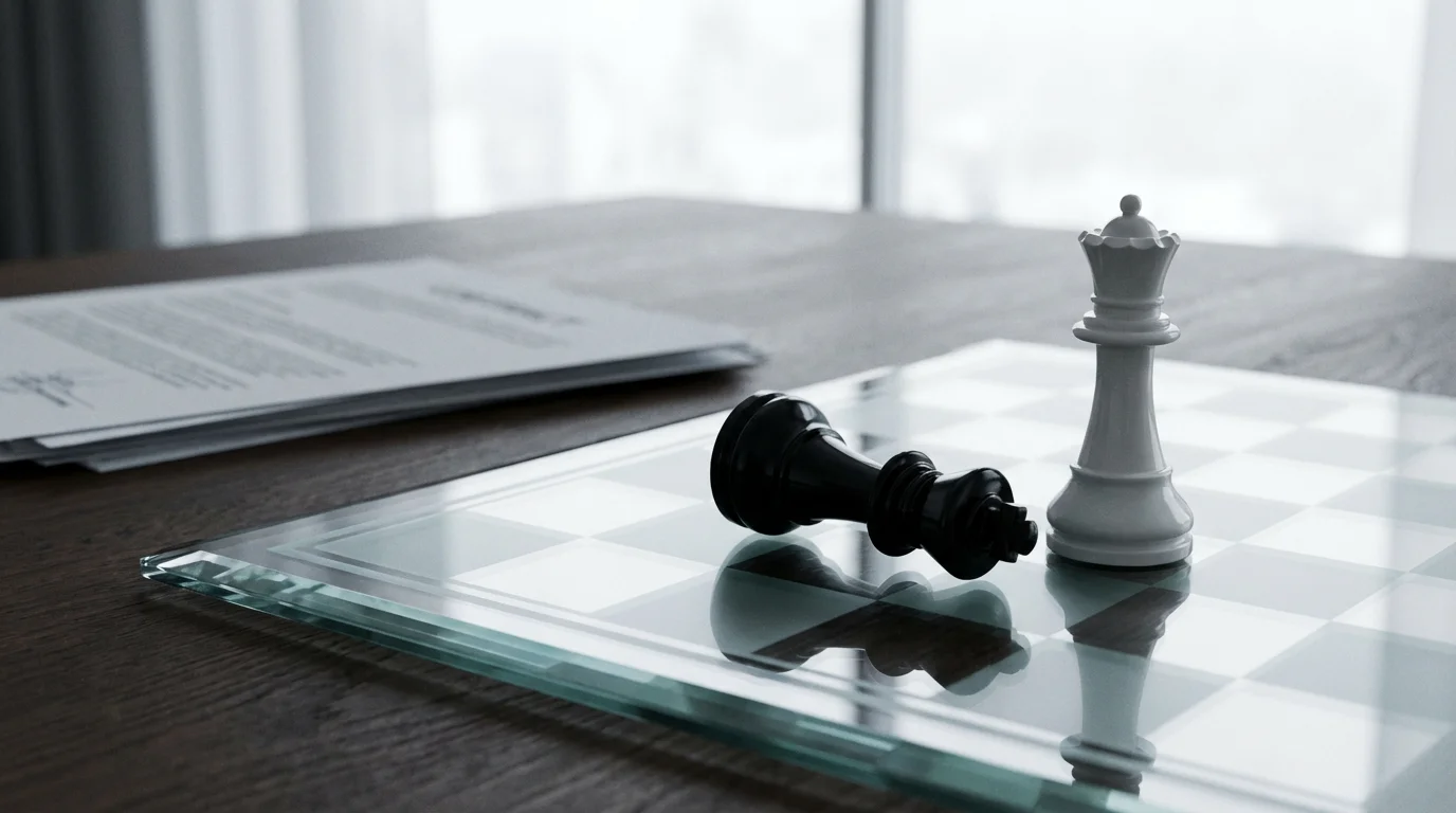 Low angle shot of an overturned king chess piece on a board near documents.