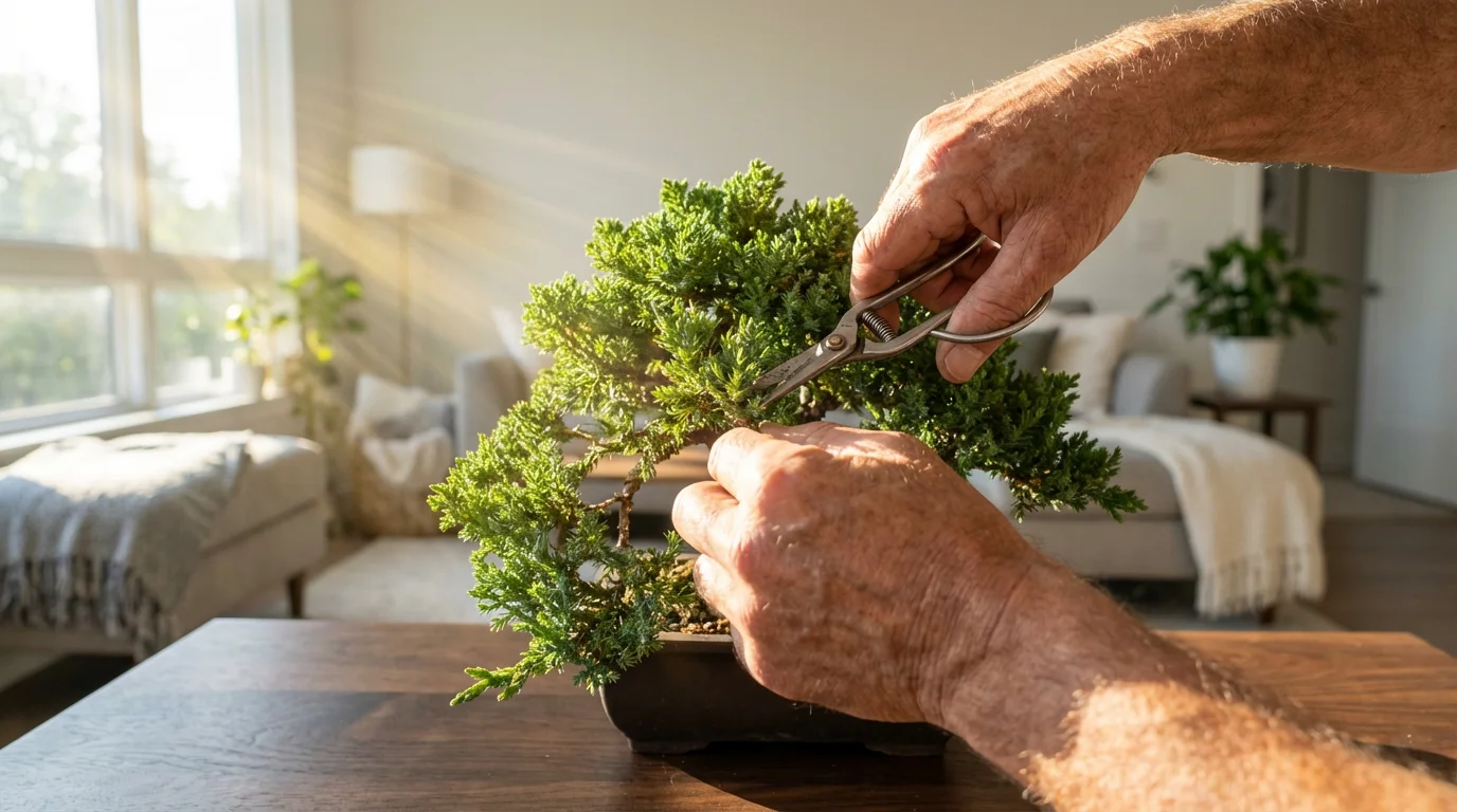 Low angle shot of hands carefully pruning a bonsai tree with natural window light.