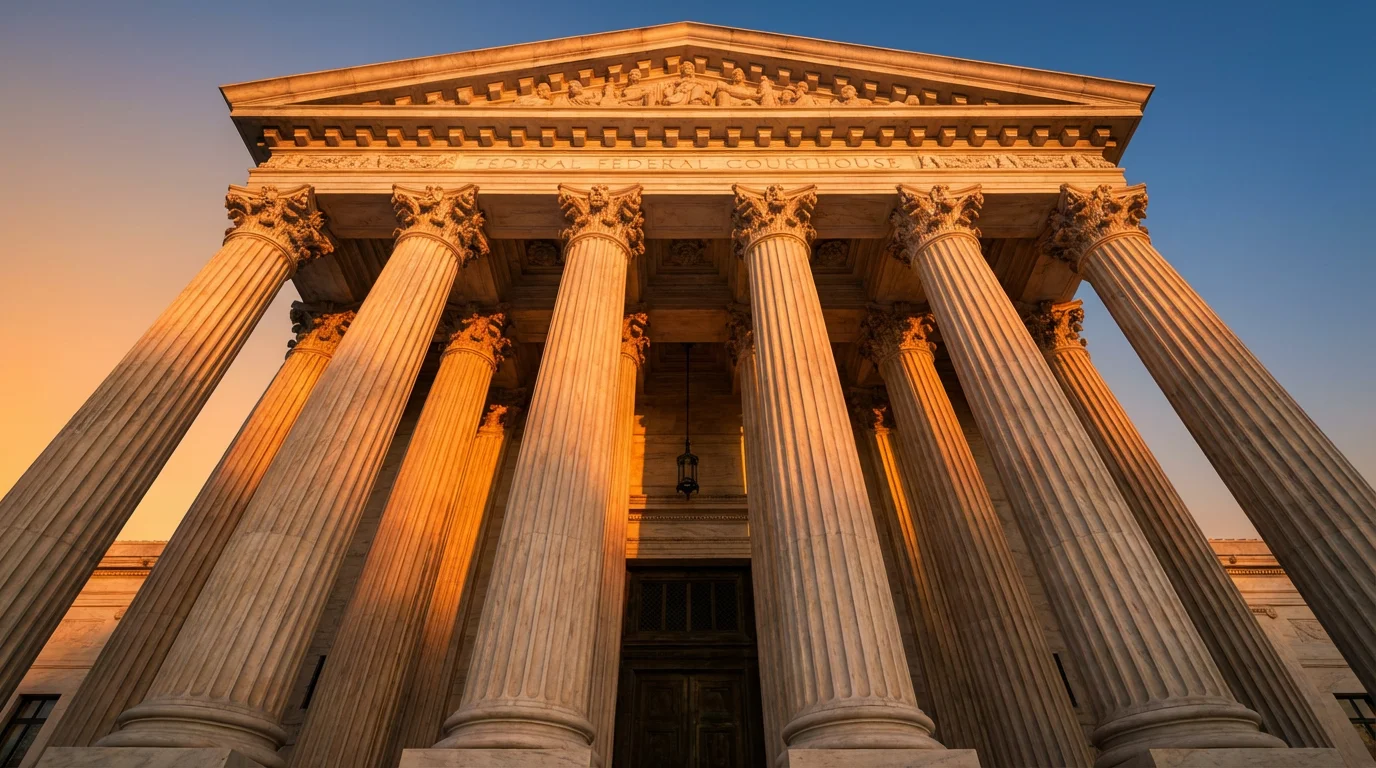 Low angle view of a grand courthouse facade with columns at golden hour.