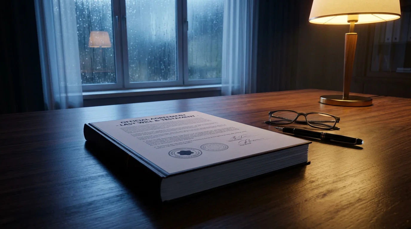 Low angle view of a legal contract and reading glasses on a desk at dusk.
