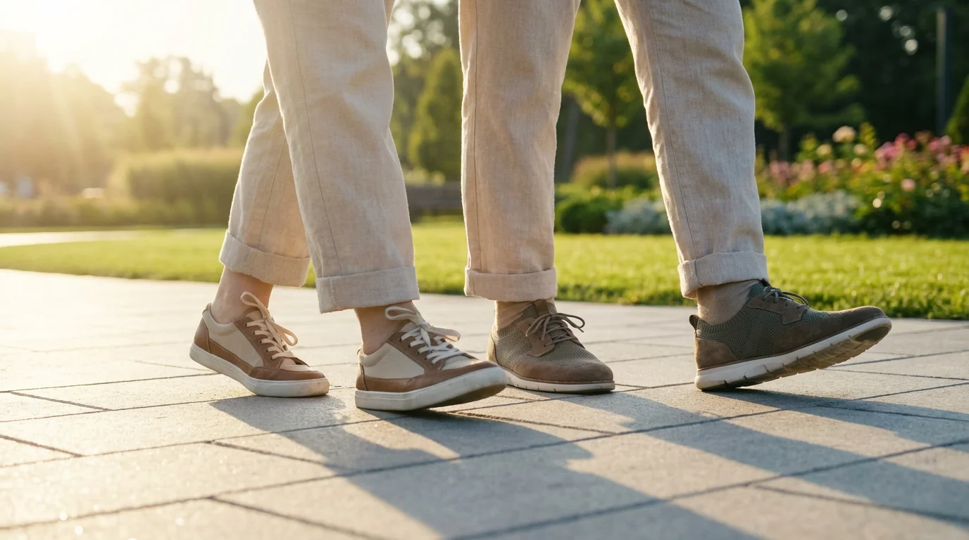 Low angle view of a senior couple's feet walking together on a park path.