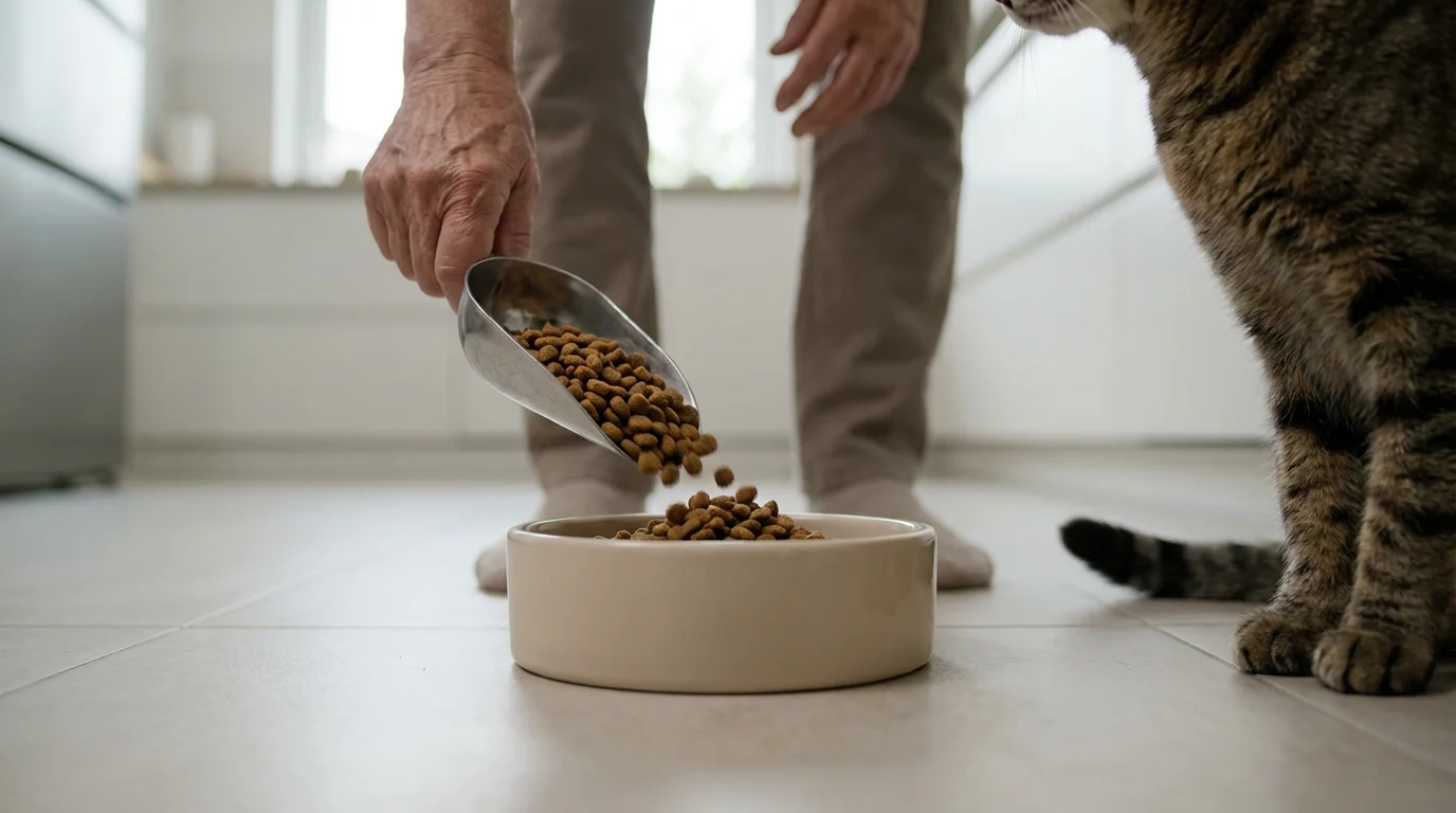 Low angle view of a senior person pouring healthy kibble into a cat's bowl.