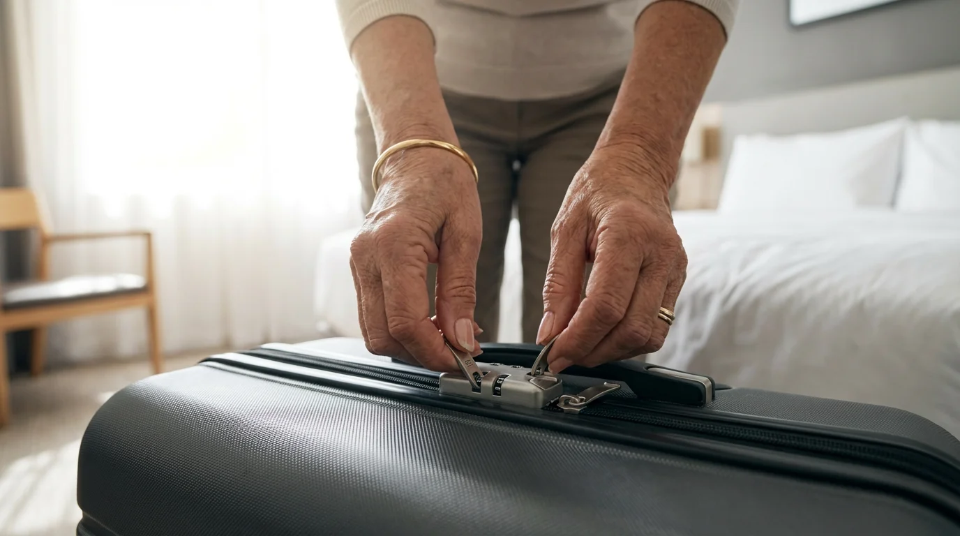 Low angle view of a senior woman's hands locking her suitcase for travel safety.