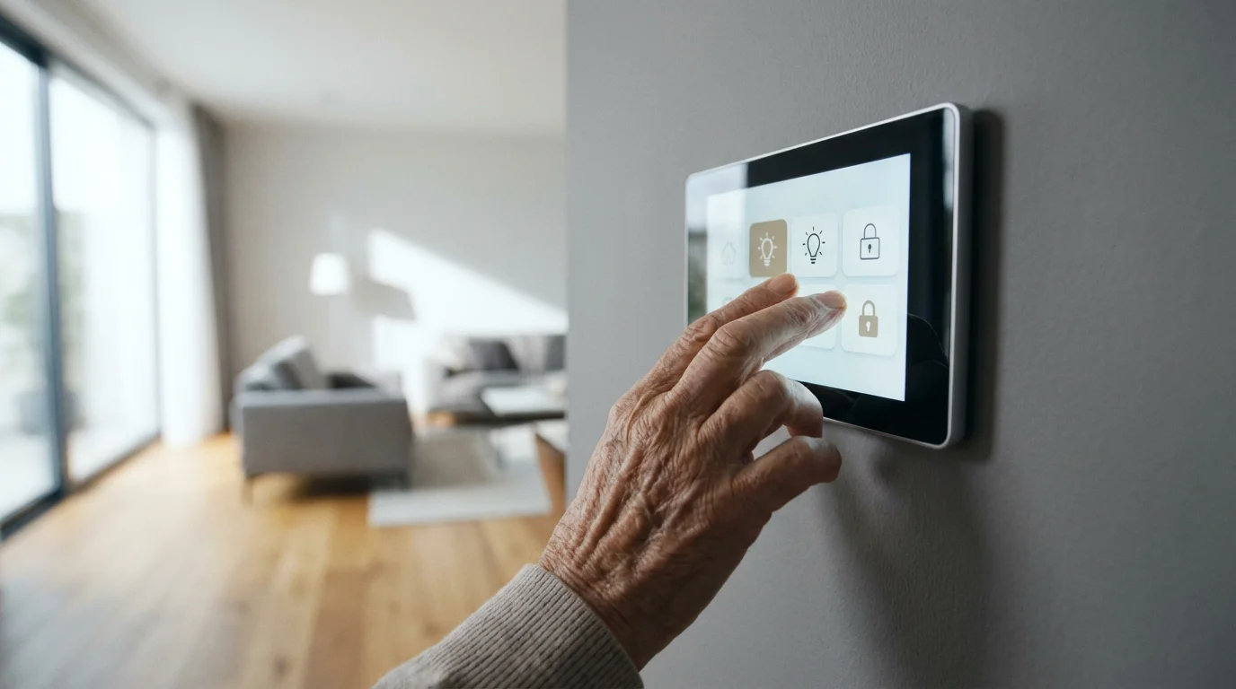 Low angle view of a senior's hand using a smart home control panel.