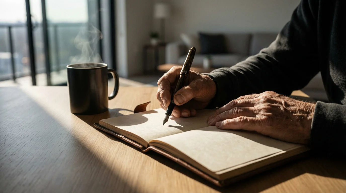 Low angle view of an older person's hands writing in a journal at a desk.