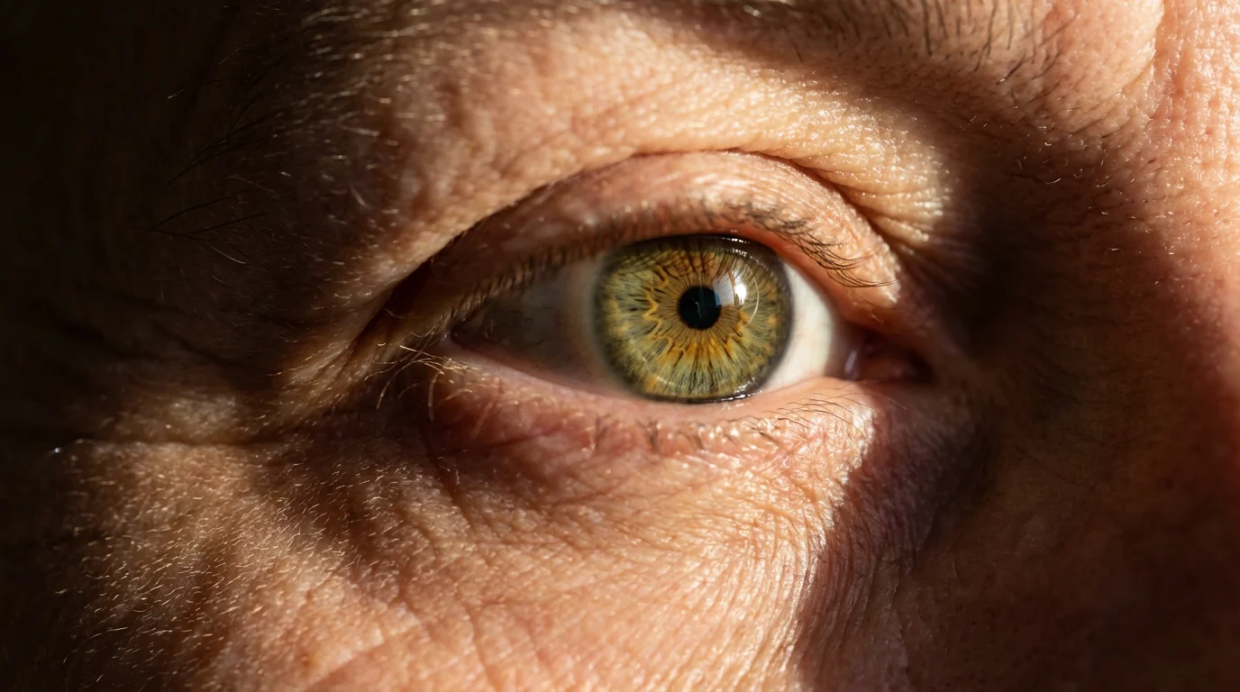 Macro close-up photo of an elderly person's eye, showing iris detail and wrinkles.