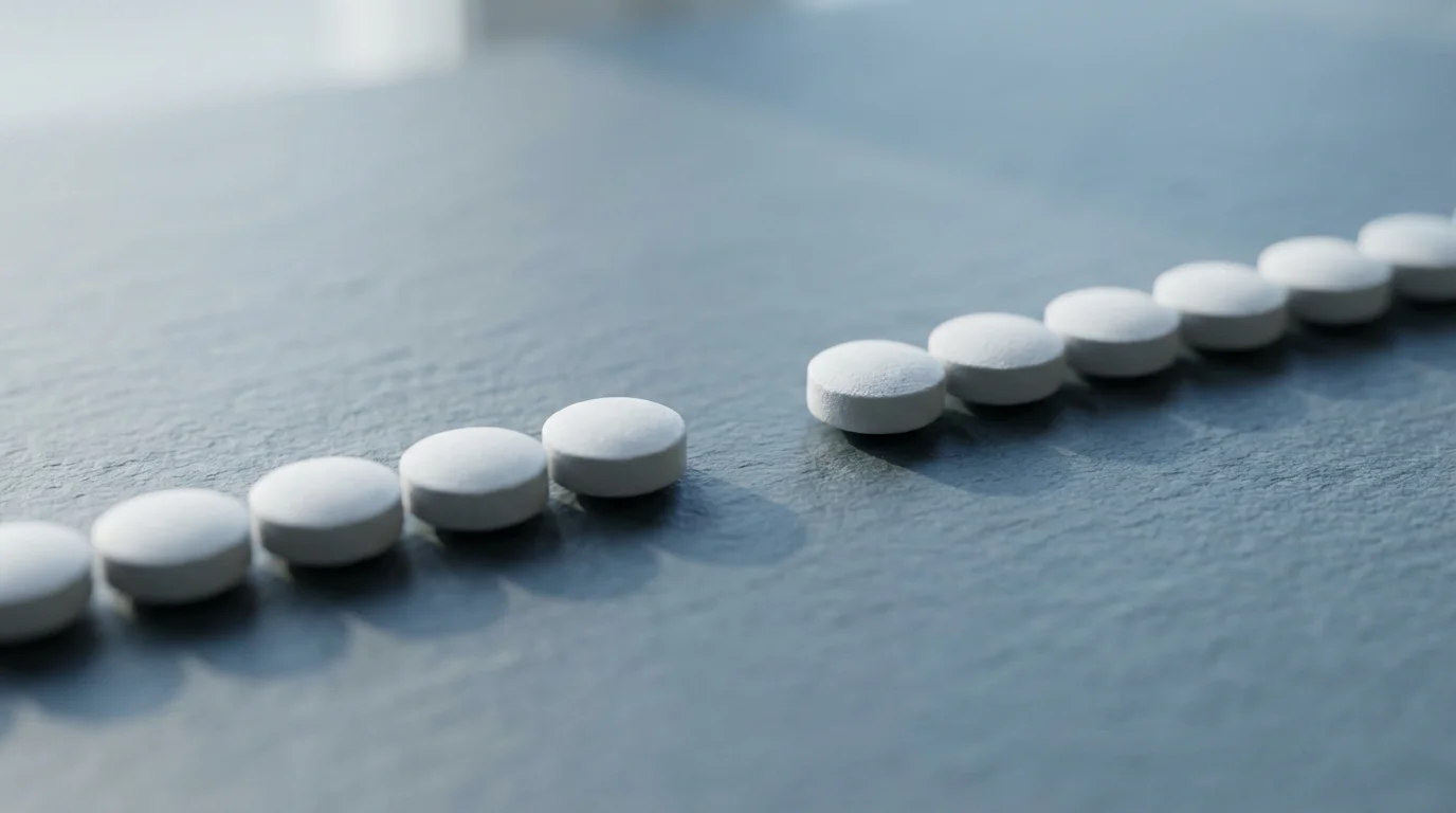 Macro photo of a line of white pills with a single gap missing.