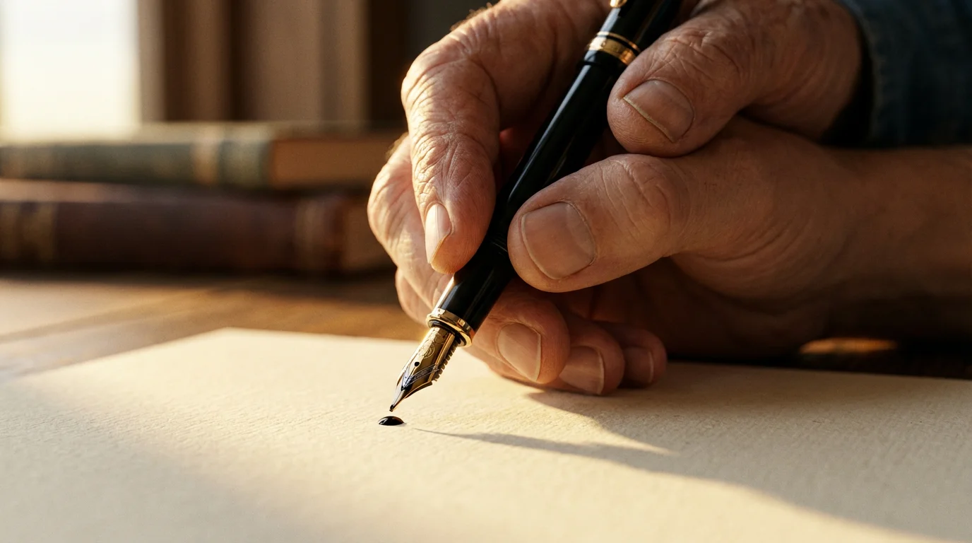 Macro photo of a senior mentor's hand guiding a mentee's hand in calligraphy.