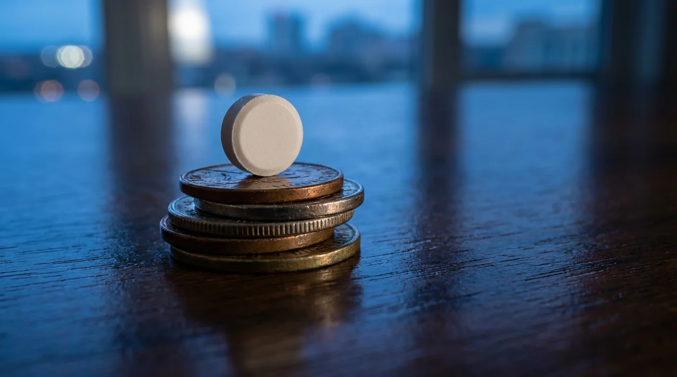 Macro photo of a single white pill balanced precariously on a small stack of coins.