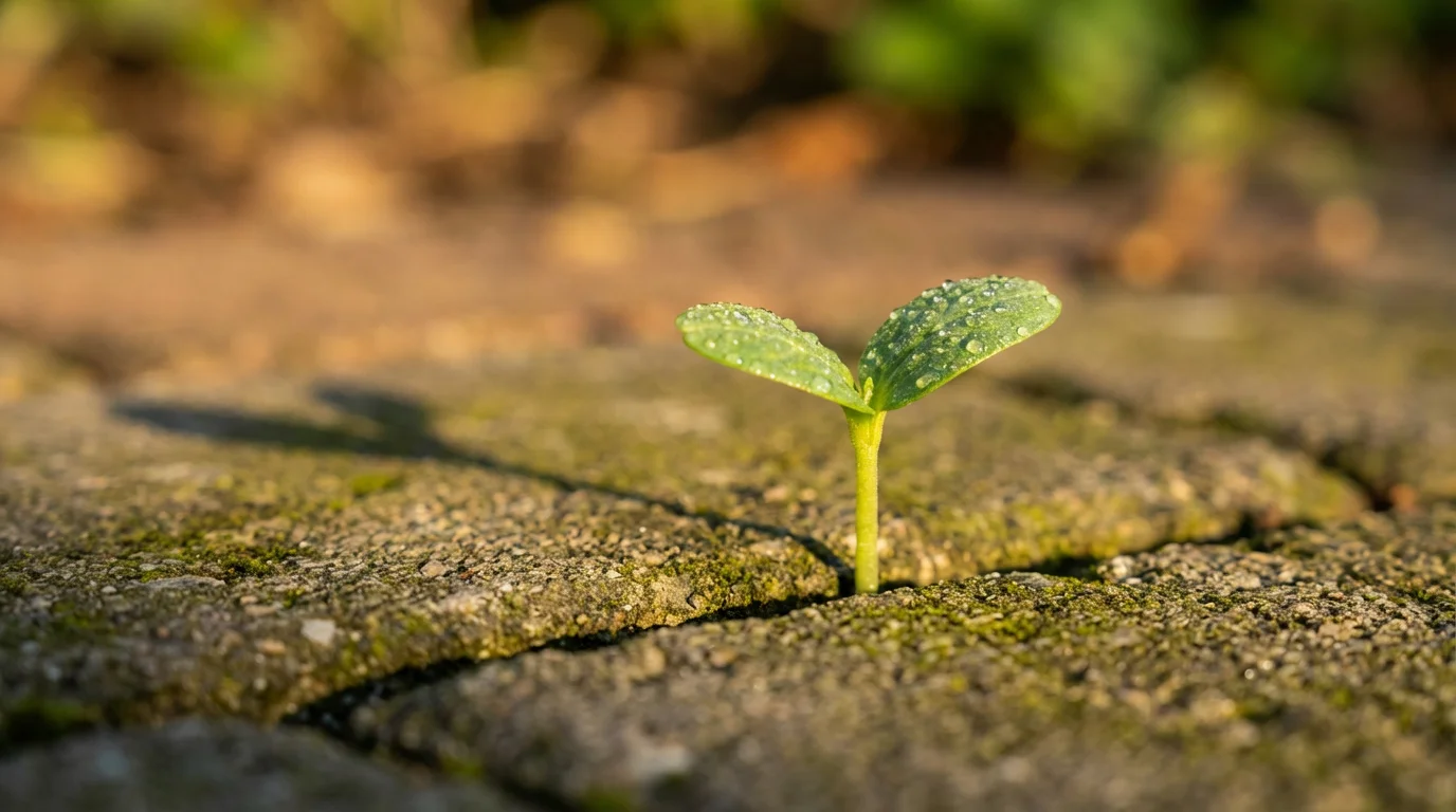 Macro photo of a tiny green seedling growing through a crack in a stone paver.