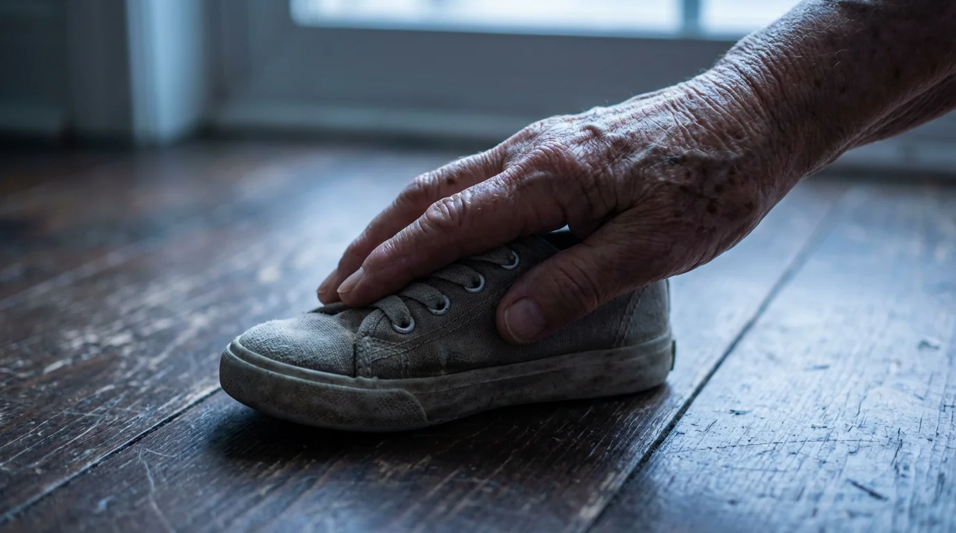 Macro photo of an elderly hand gently touching a small, dusty child's shoe.