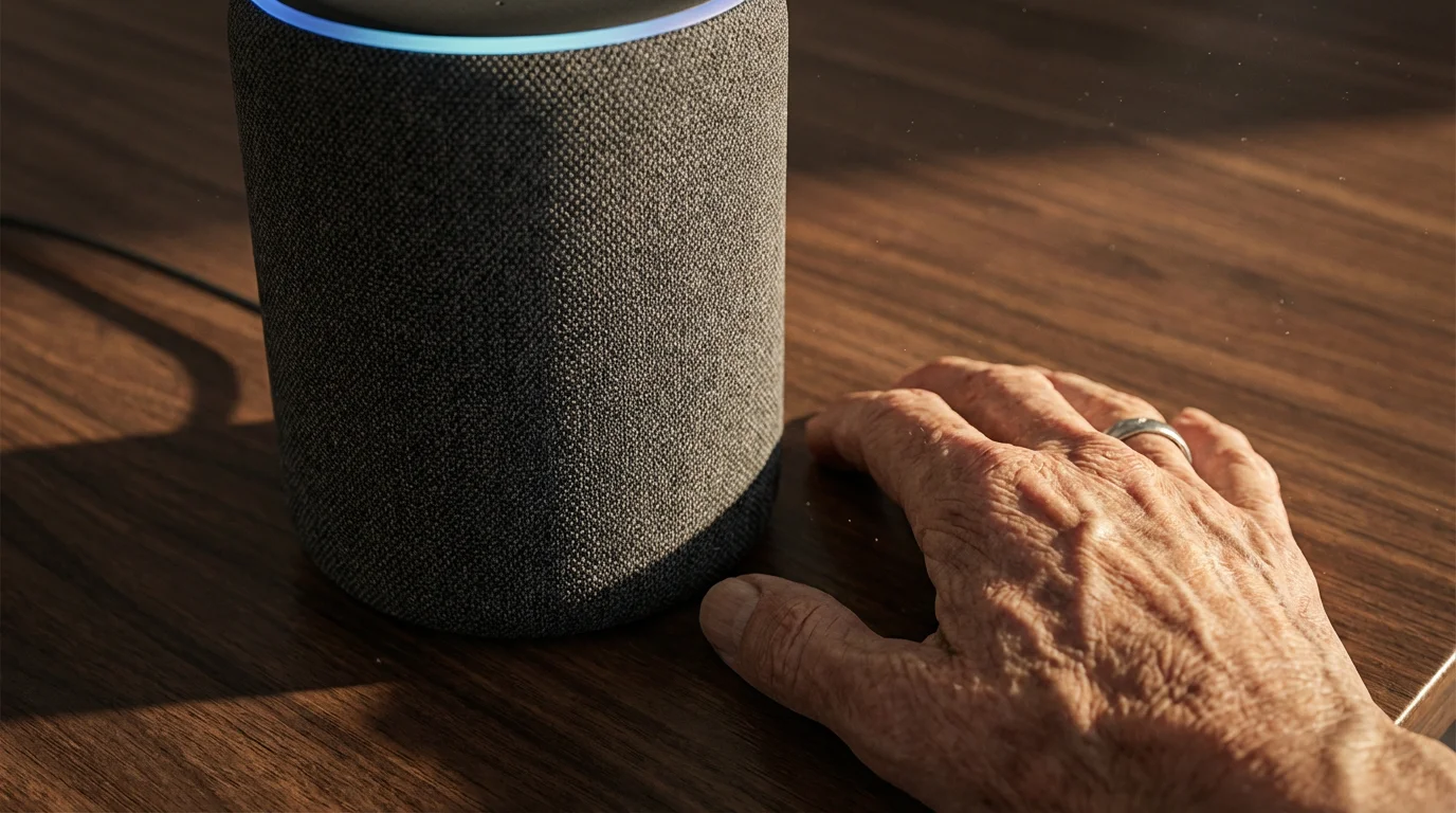 Macro photo of an elderly person's hand next to a fabric smart home speaker.