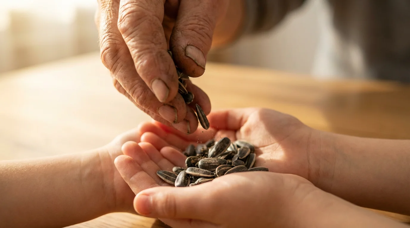 Macro photo of elderly hands pouring seeds into a young person's cupped hands.