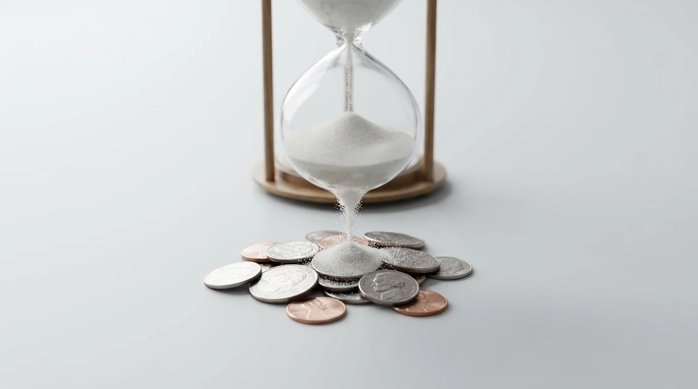Macro photo of sand from an hourglass falling onto a small pile of coins.