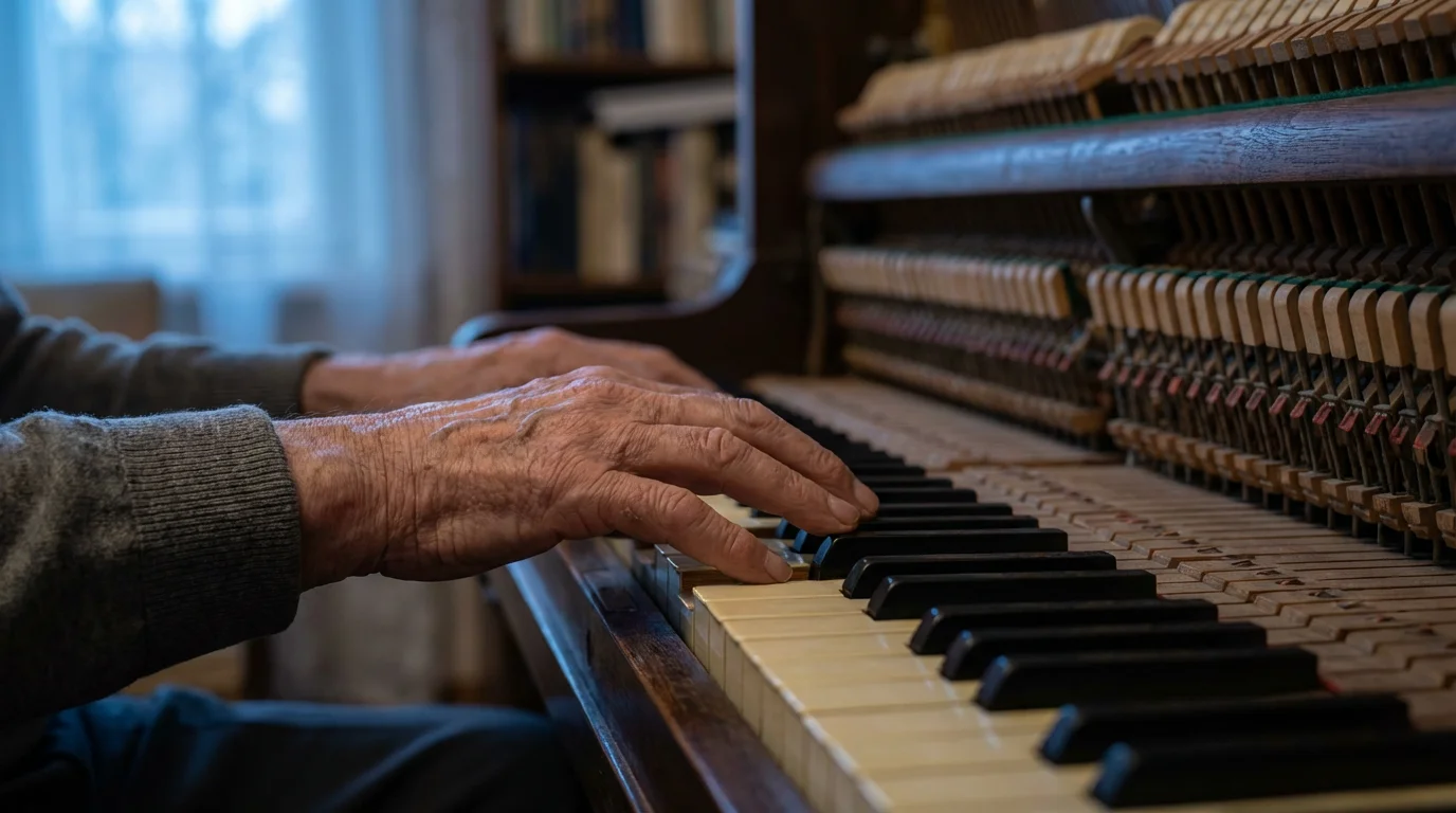 Macro photo of senior hands resting on piano keys during twilight blue hour.