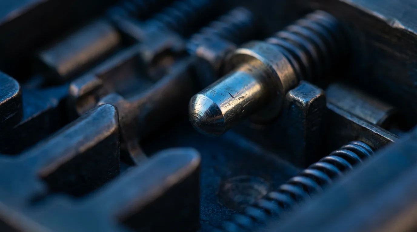 Macro photo of the intricate internal pins and tumblers inside a secure brass lock.