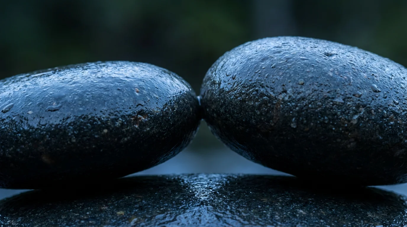 Macro photo of two balanced, wet stones symbolizing foundational health at twilight.