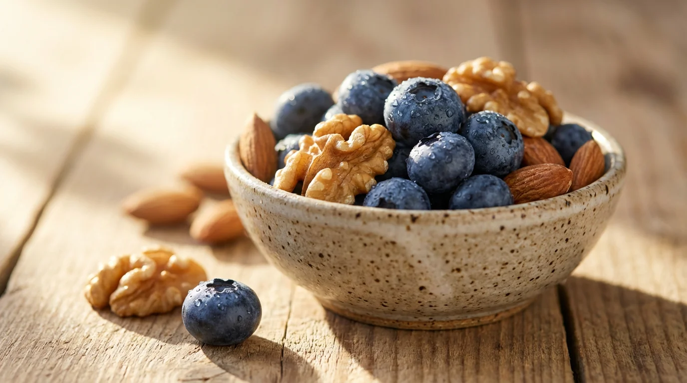 Macro photograph of a bowl of brain-healthy blueberries and walnuts in soft morning light.