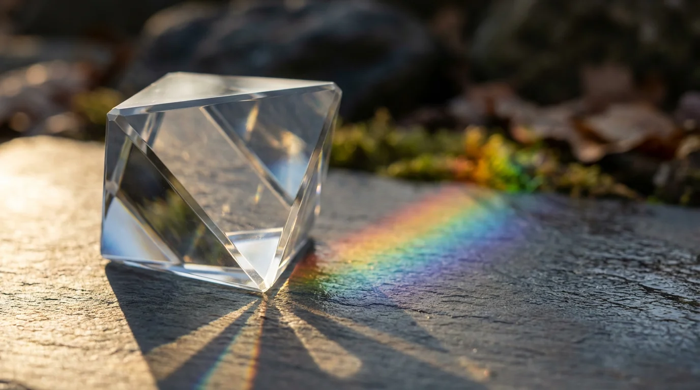 Macro photograph of a crystal prism refracting afternoon sunlight into a rainbow on a slate surface.