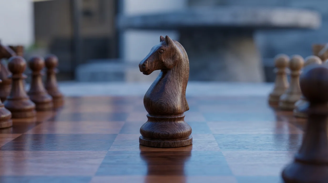 Macro photograph of a dark wood chess knight on a board at twilight.
