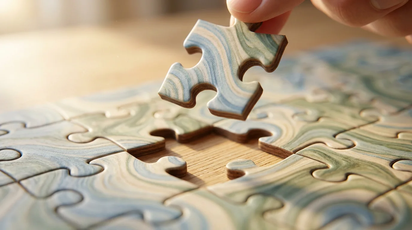 Macro photograph of a final jigsaw puzzle piece perfectly fitting into place.