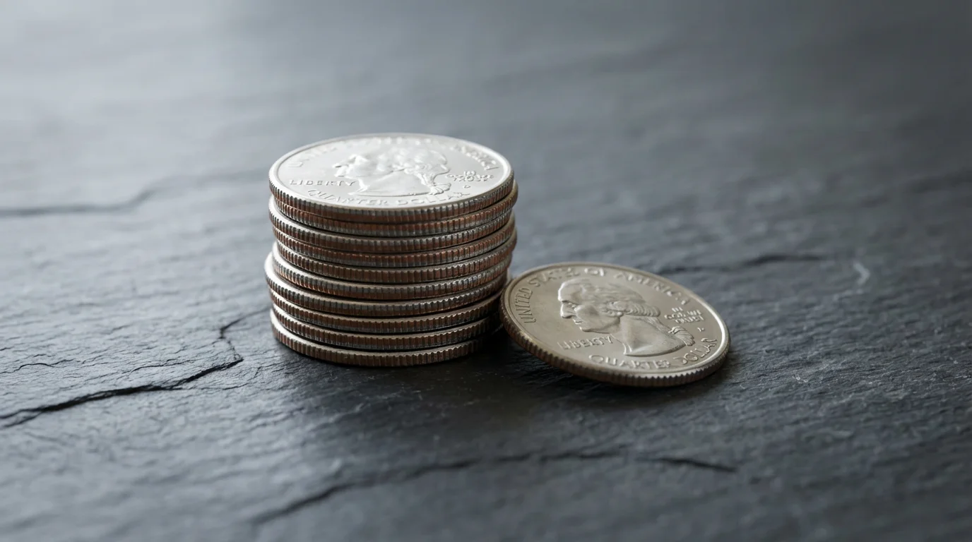 Macro photograph of a stack of quarters with one coin being separated from the pile.