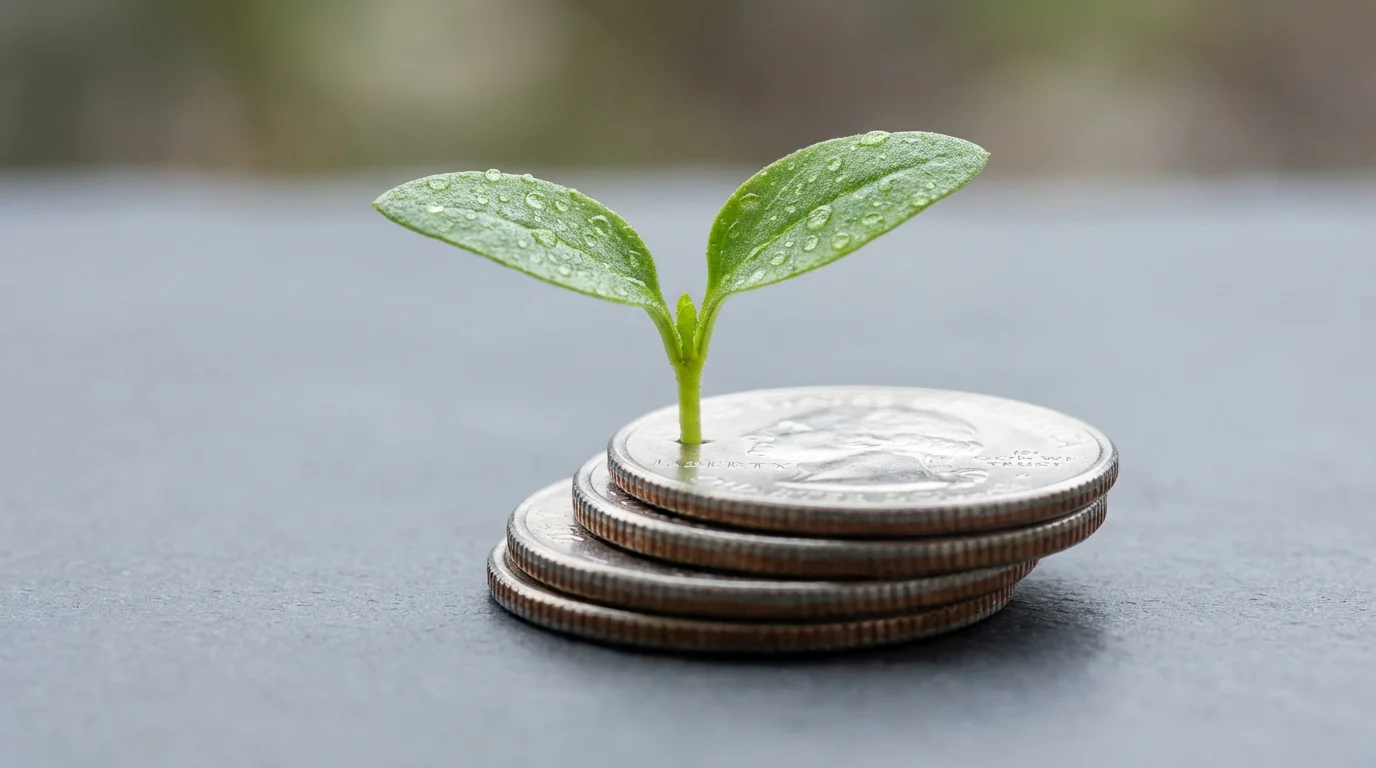 Macro photograph of a tiny green plant sprout growing from a stack of coins.