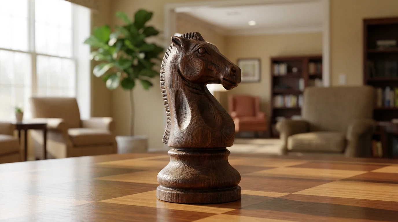 Macro photograph of a wooden chess piece on a board in a sunlit community room.