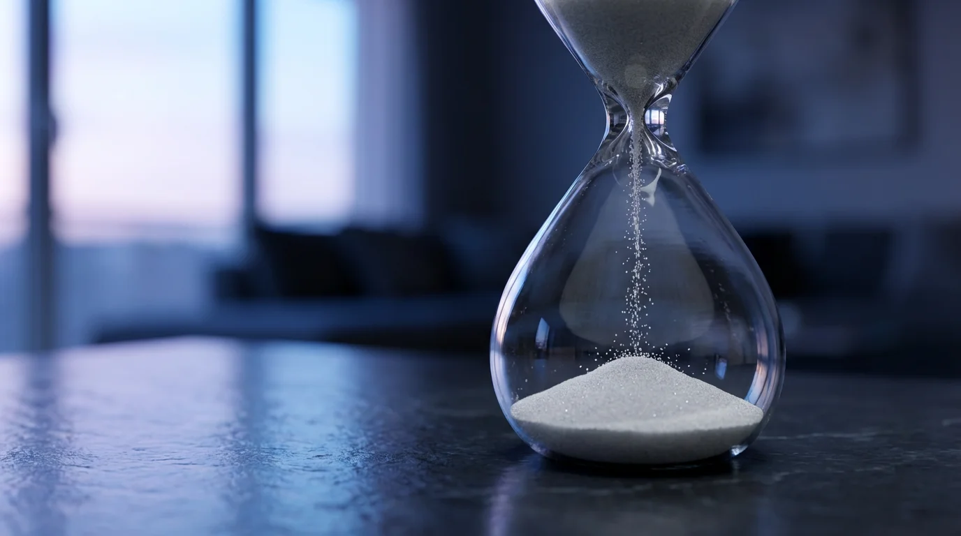 Macro photograph of sand falling through a modern glass hourglass during blue hour.