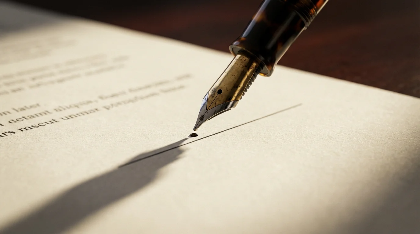 Macro shot of a fountain pen nib poised above a signature line on a document.