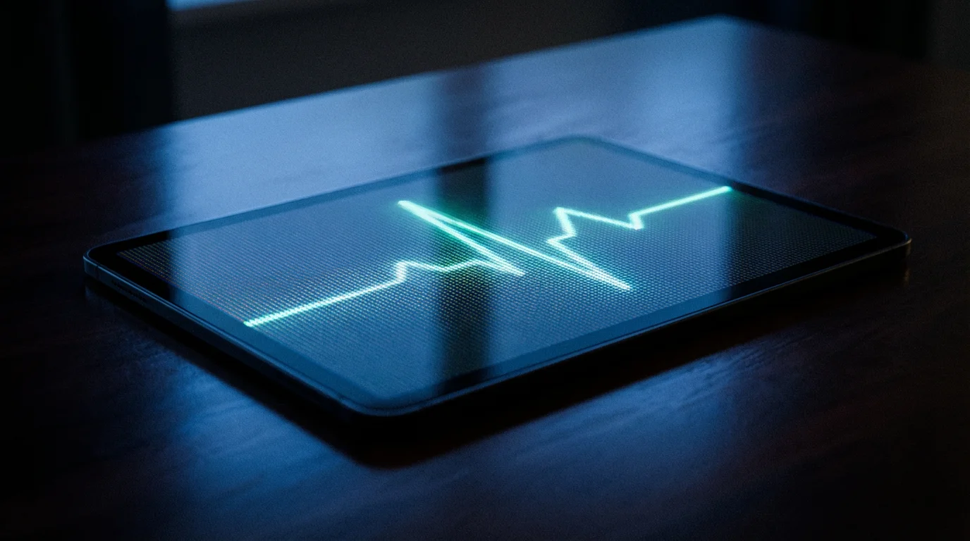 Macro shot of a glowing digital heartbeat line on a modern tablet screen.
