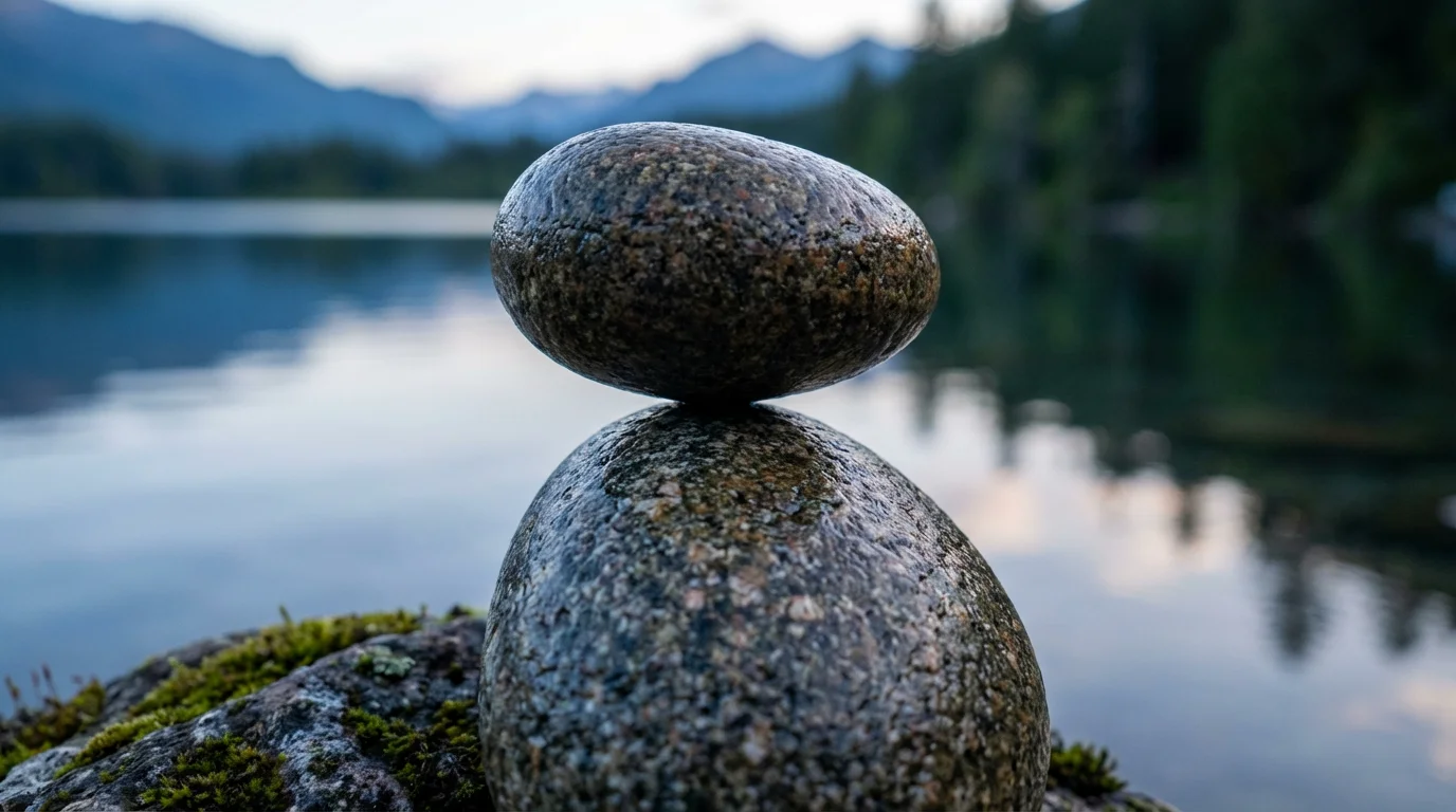 Macro shot of balanced river stones at dusk, symbolizing peace and spiritual balance.